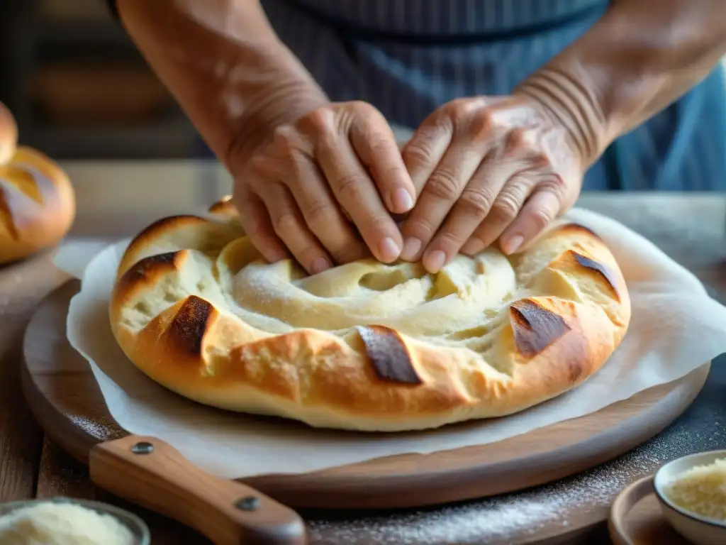 Un panadero italiano experto dando forma a la masa para focaccia, mostrando destreza y pasión