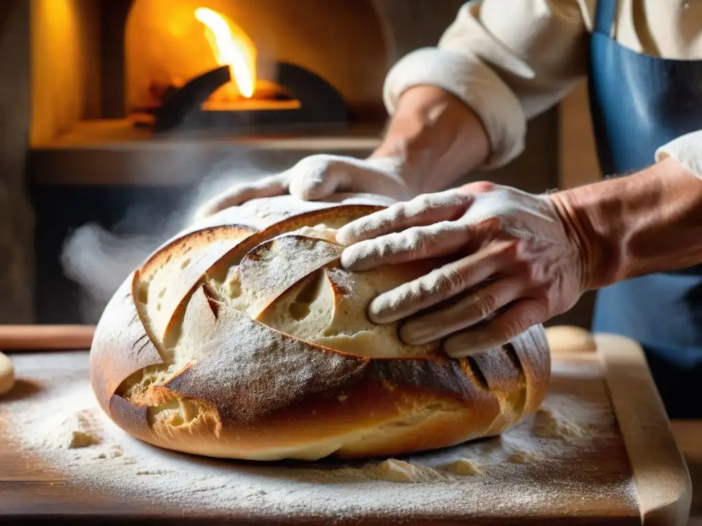 Un panadero italiano experto moldeando una hogaza rústica de masa madre en una panadería tradicional