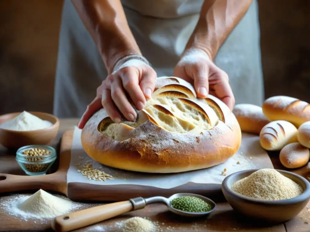 Un panadero italiano experto moldeando a mano una receta tradicional pan Schüttelbrot con ingredientes rústicos