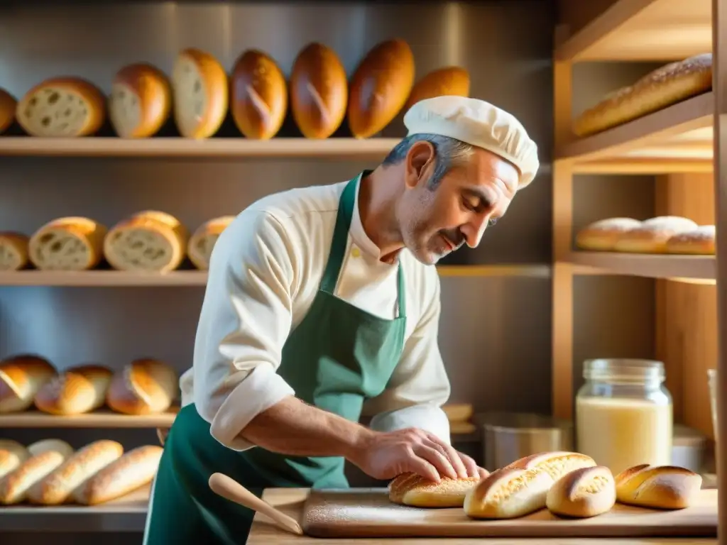 Un panadero italiano experto moldea grissini a mano en una cocina rústica llena de pan fresco