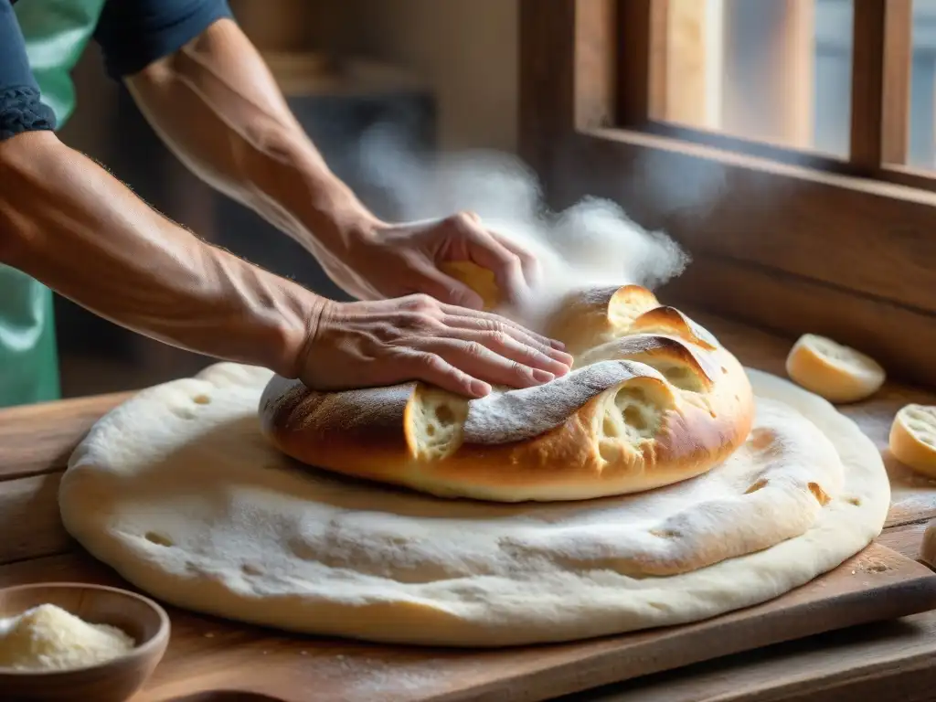 Un panadero italiano experto amasa masa de focaccia en una mesa de madera, con luz natural cálida