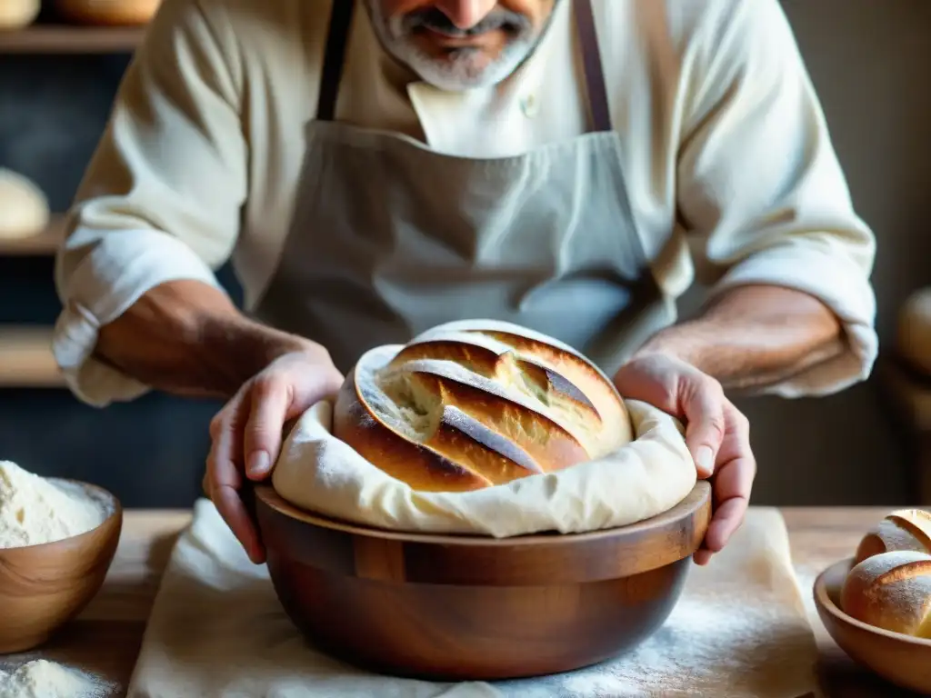 Un panadero italiano experto preparando masa madre en una panadería tradicional