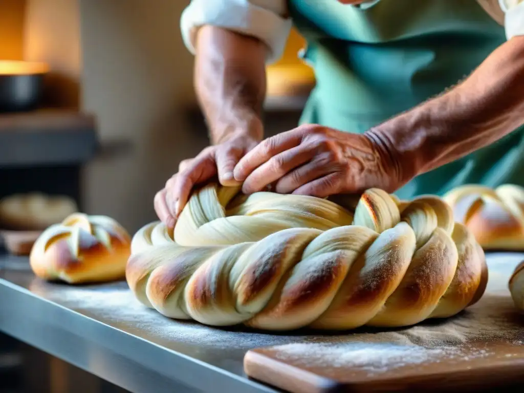 Un panadero italiano experto moldea masa en trenzas, mostrando la historia del pan en Italia