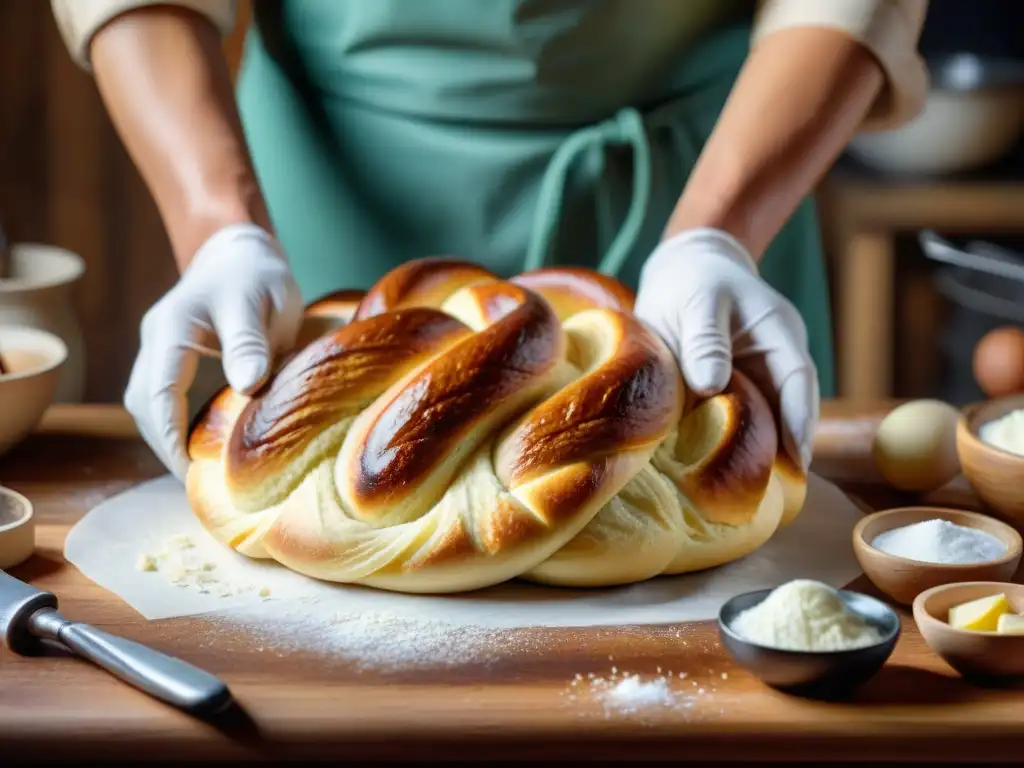 Un panadero italiano experto trenzando masa para crear una receta auténtica pan brioche, en una atmósfera cálida y nostálgica de cocina rústica