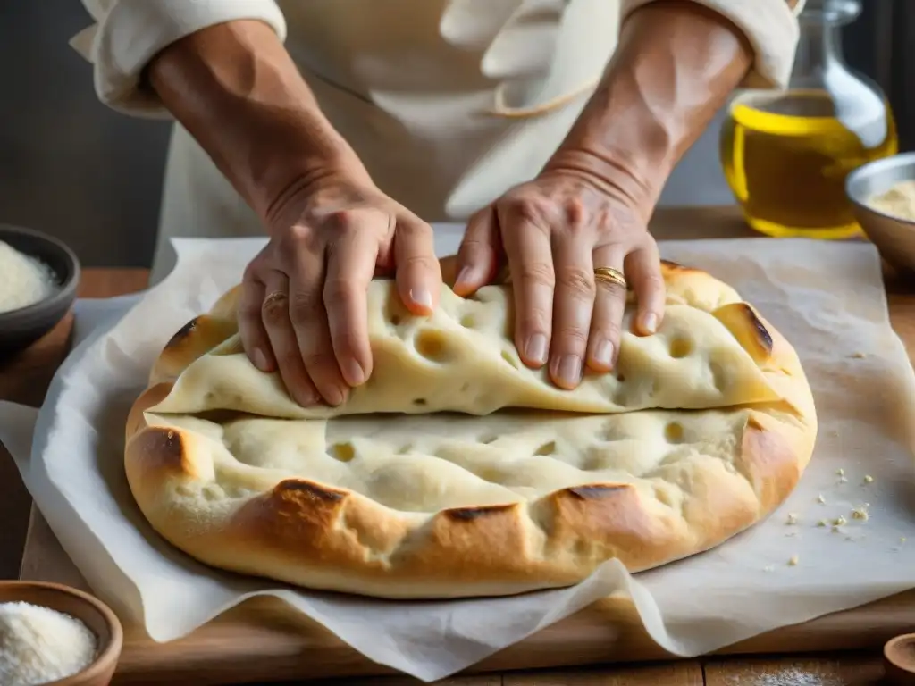 El panadero italiano experto estira la masa de focaccia, creando un patrón de hoyuelos