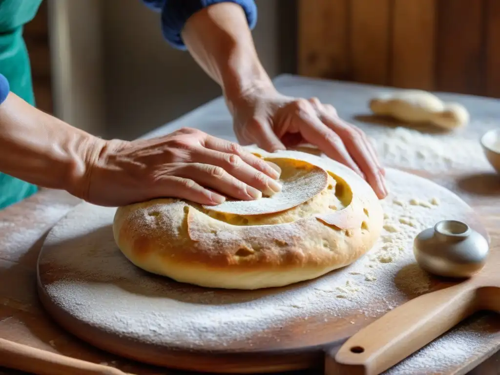 Un panadero italiano experto moldea la masa de focaccia, con luz natural iluminando la textura elástica