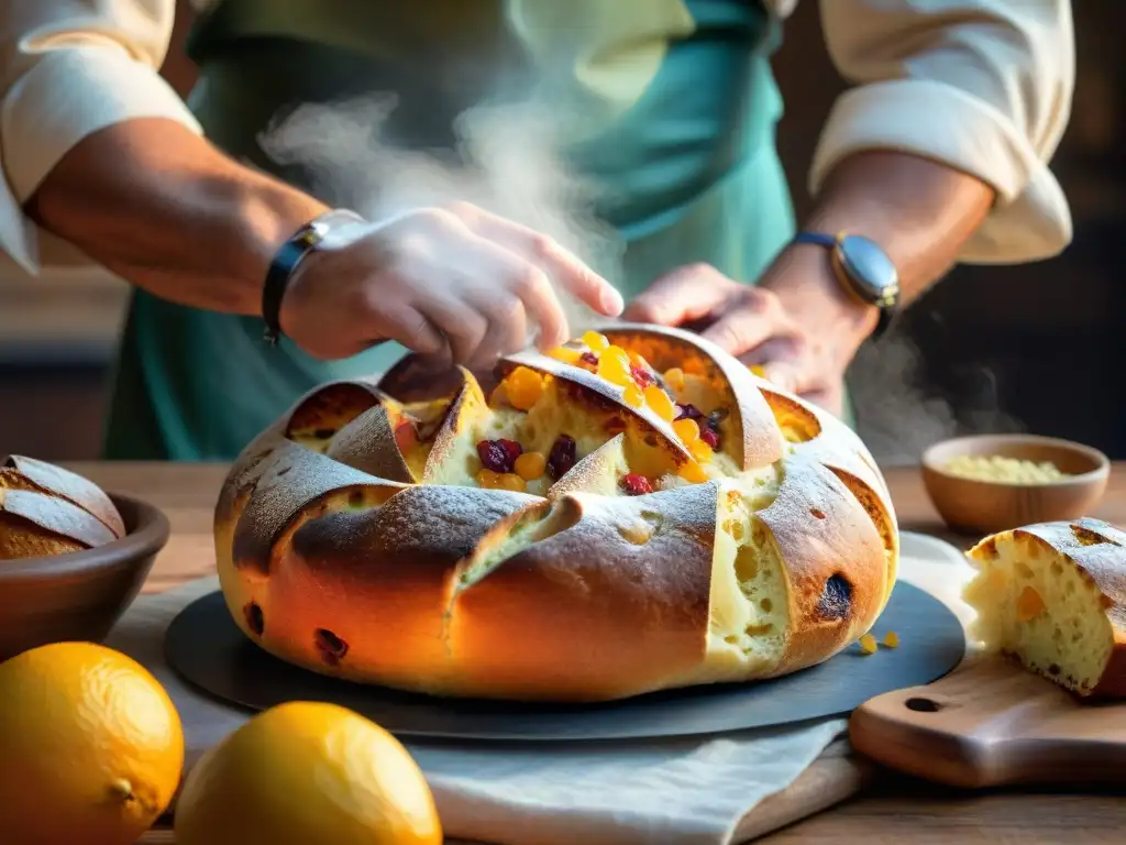 Un panadero italiano experto amasando Panettone con frutas confitadas