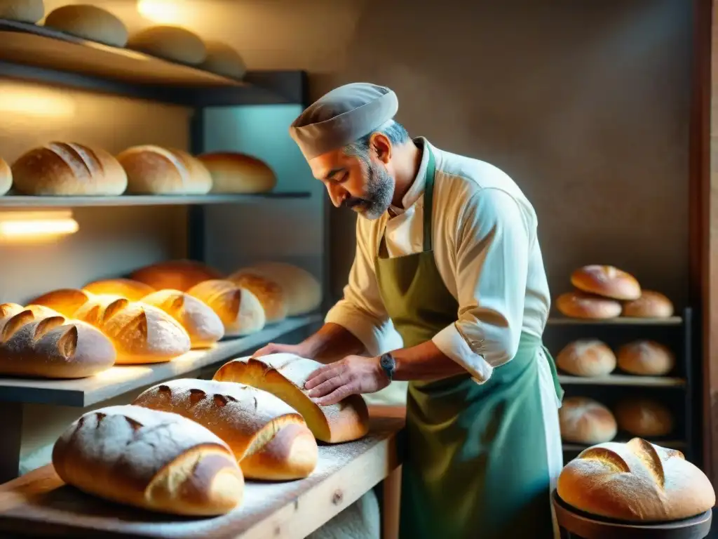 Un panadero italiano dando forma a un pan rústico a mano en una panadería soleada, resaltando la Importancia del pan en Italia