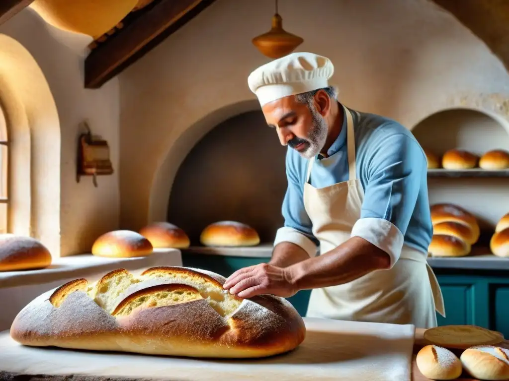 Un panadero italiano moldea y marca pan dorado en horno de leña, reflejando la Importancia del pan en Italia