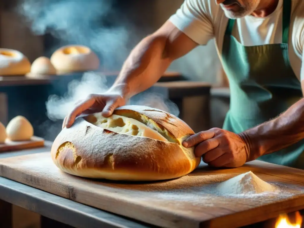 El panadero italiano moldea la masa con destreza, un horno de leña brilla al fondo, capturando la historia del pan en Italia