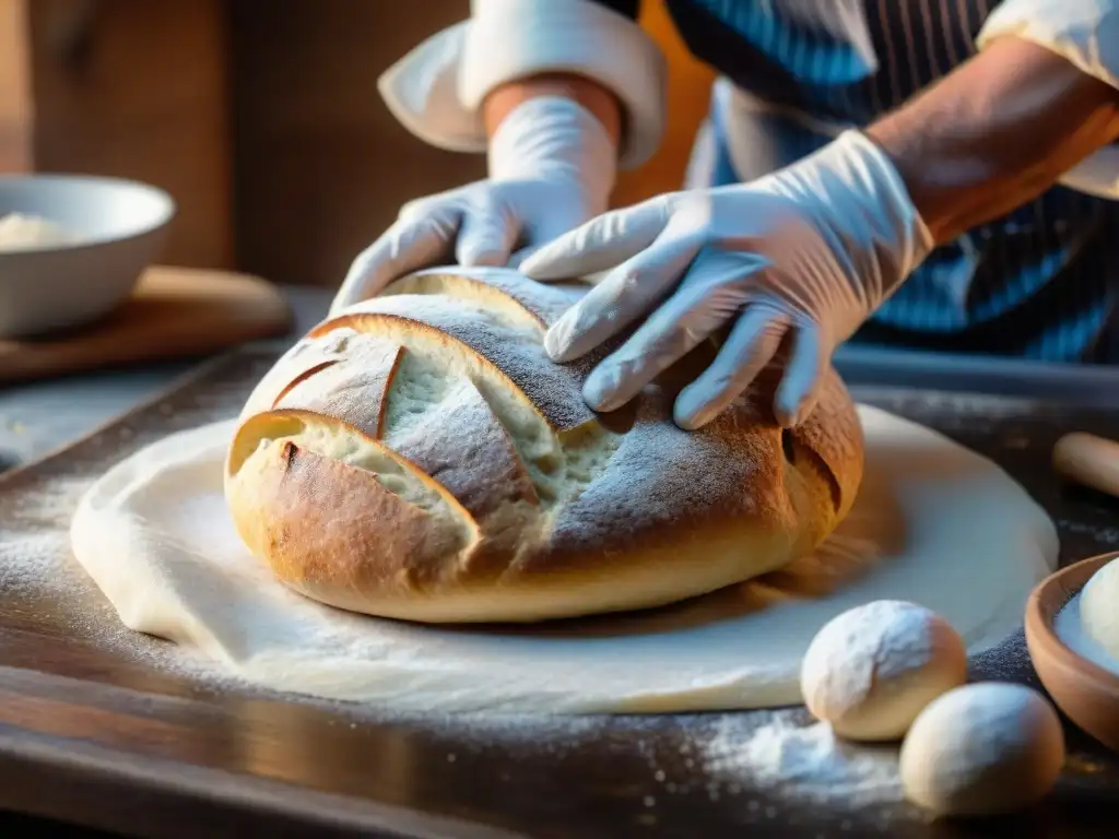Un panadero italiano moldea la masa con destreza, en un ambiente rústico iluminado, evocando el Renacimiento de la fermentación en Italia