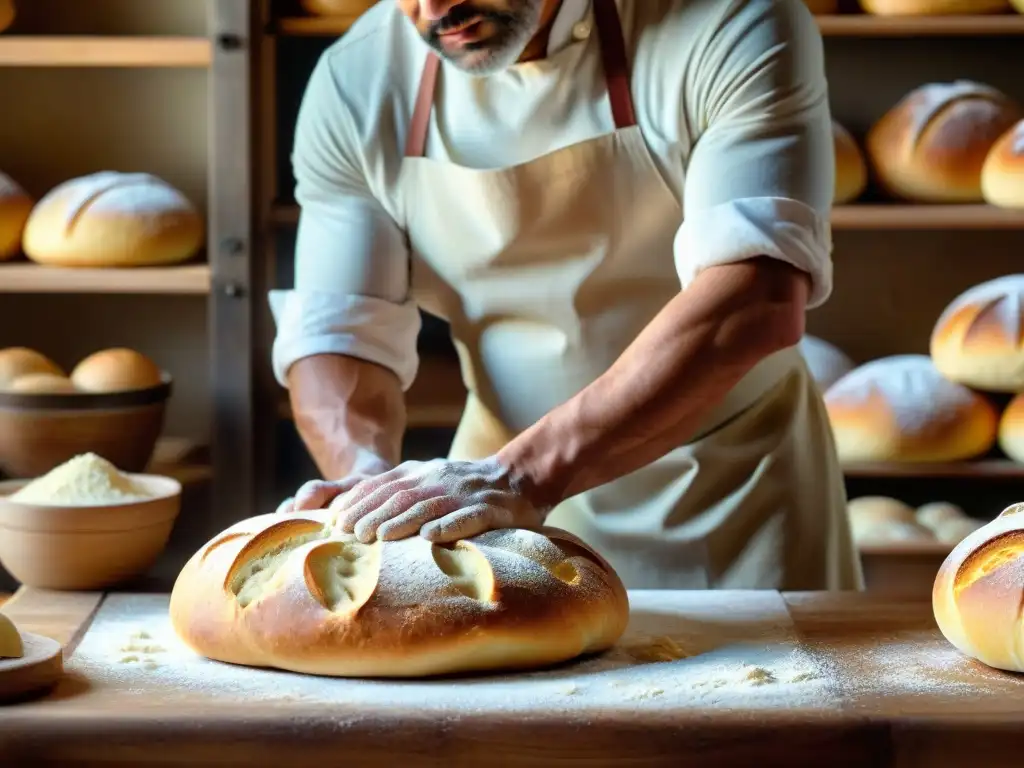 Panadero italiano amasando masa en panadería rústica con pan fresco