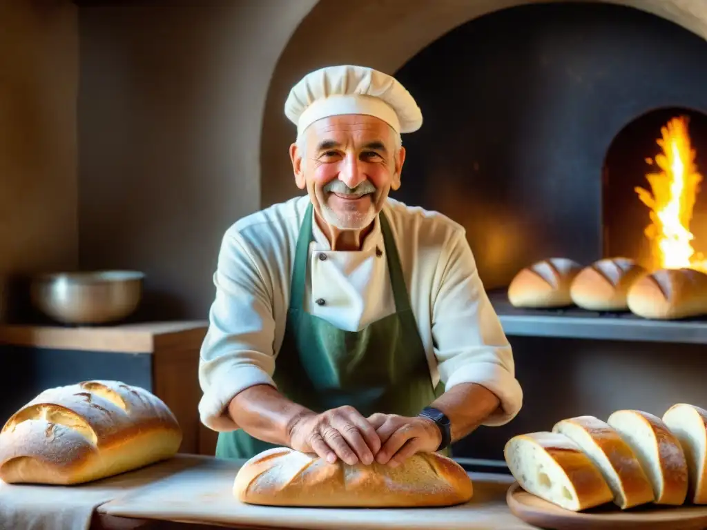 Un panadero italiano mayor moldea expertamente una hogaza de ciabatta en una cocina rústica y soleada, reflejando la importancia del pan en Italia