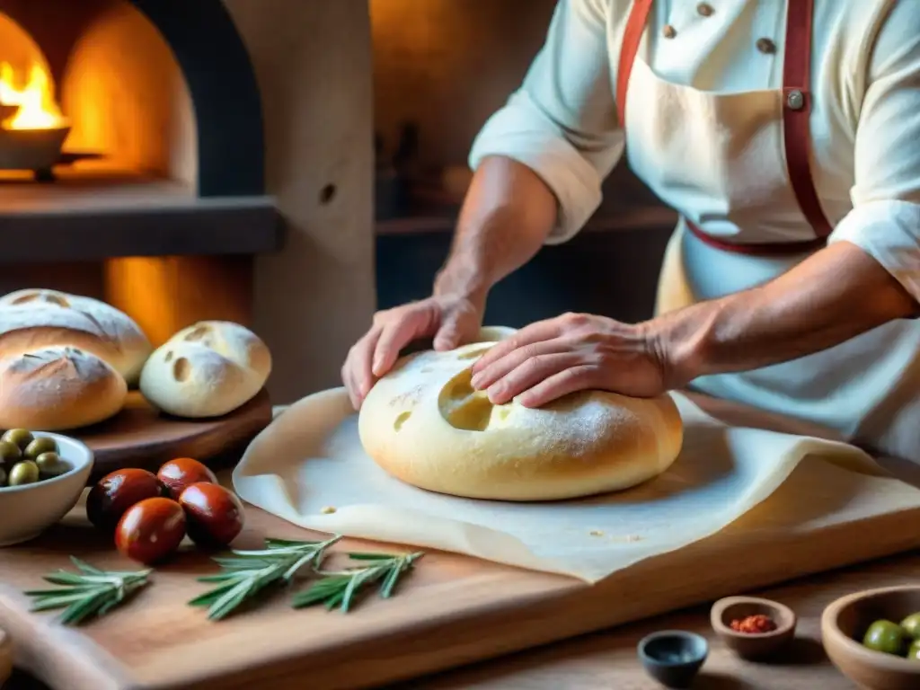 Un panadero italiano moldea un pan único rodeado de ingredientes tradicionales