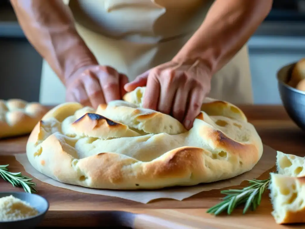 Un panadero italiano tradicional experto amasando masa de Focaccia con dedicación y precisión