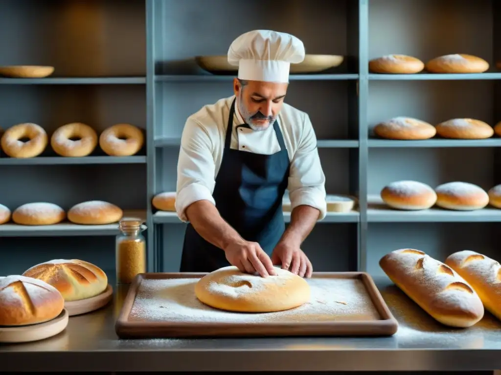 Un panadero italiano tradicional experto en Altamura dando forma a la masa para Pan de Altamura, receta tradicional