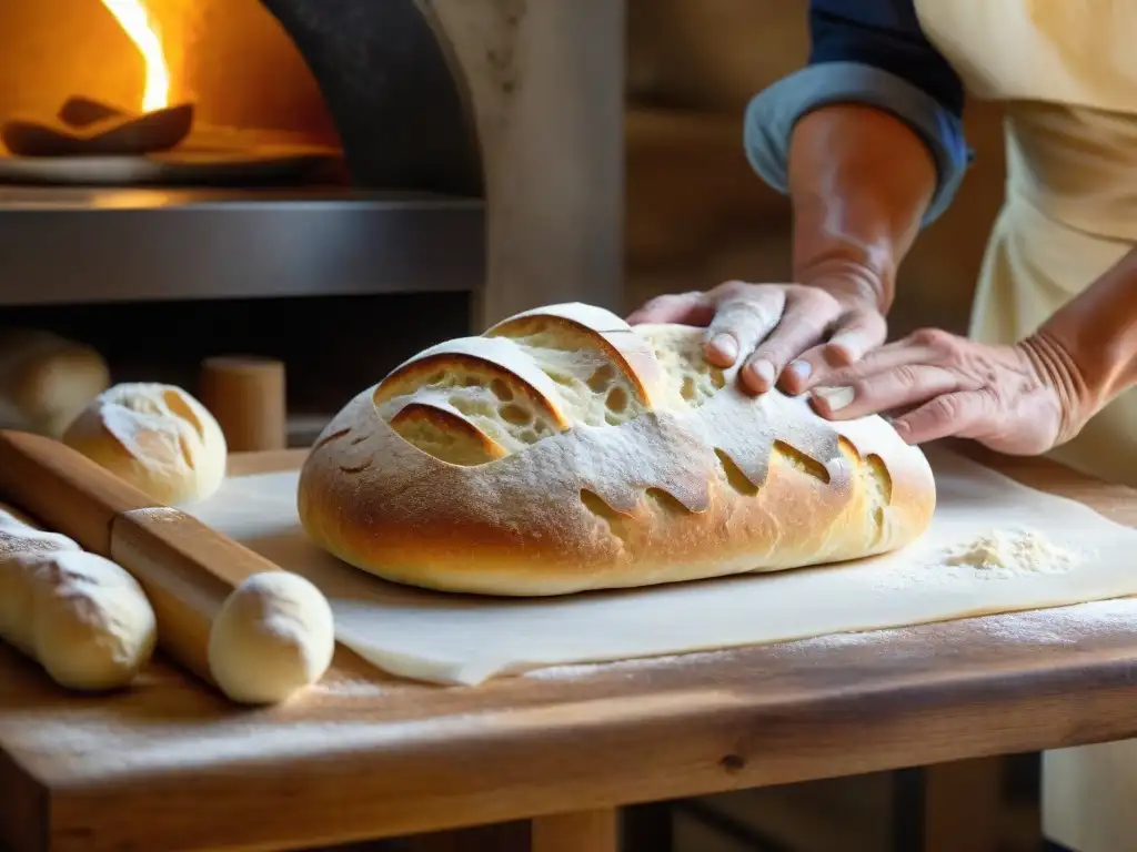 El hábil panadero moldea a mano pan ciabatta tradicional en una panadería artesanal italiana tradicional