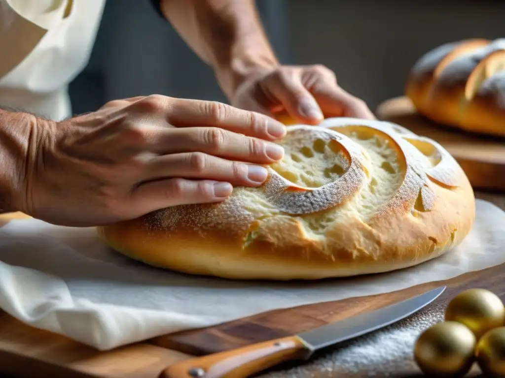 Un panadero moldea con maestría la masa de Pane di Altamura tradicional italiano, resaltando su textura y tono dorado