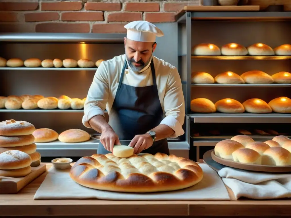 Un panadero en una panadería italiana tradicional amasa masa para focaccia al amanecer