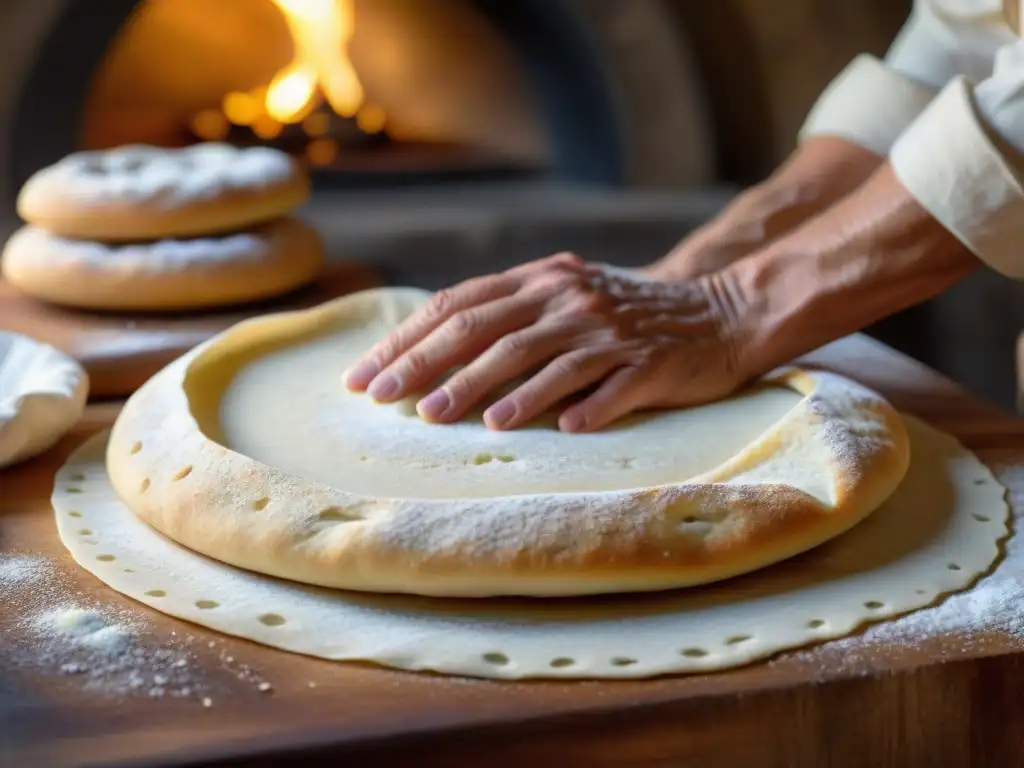 Un panadero sardo tradicional estirando masa de Pane Carasau, reflejando destreza y tradición