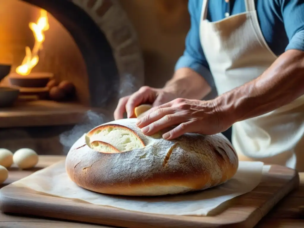 Un panadero toscano moldea con destreza un pan sin sal de Toscana en una mesa de madera rústica, con el horno iluminando la escena