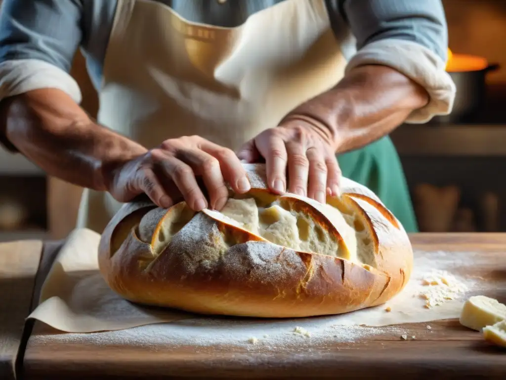 Un panadero toscano experto moldea a mano un pan sciocco en una mesa rústica, iluminado por luz natural