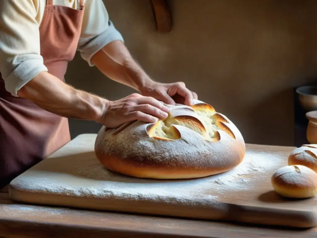 Un panadero toscano experto moldea un Pan Sciocco, el tradicional pan sin sal de Toscana, en un entorno artesanal iluminado por el horno