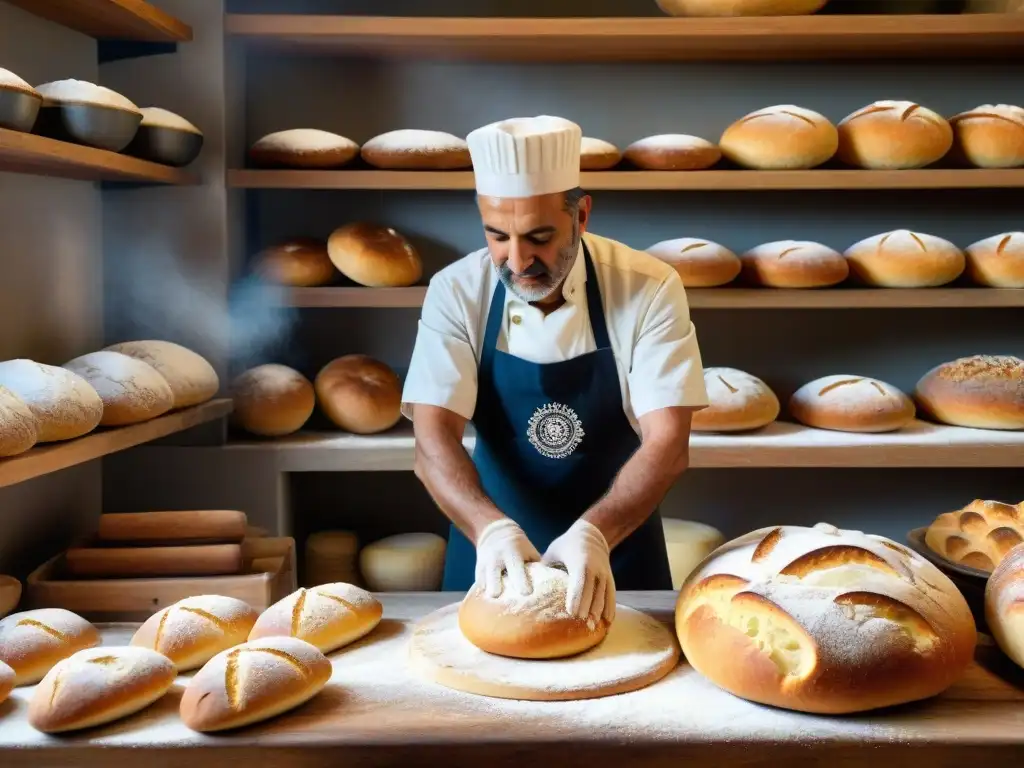 Un panadero tradicional en Altamura, Puglia, moldea con destreza un Pan de Altamura receta tradicional, envuelto en harina, enraizando la centenaria tradición panadera de la región