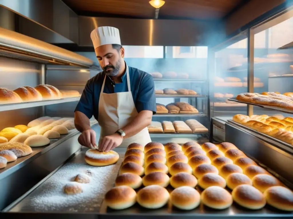 Dos panaderos de diferentes culturas colaboran en una panadería italiana al amanecer, mostrando la influencia alemana en fermentación italiana