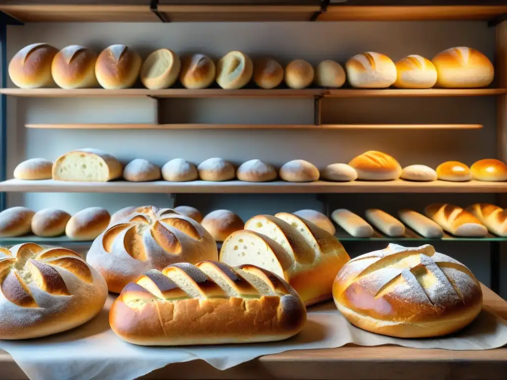 Degustación privada de panes italianos en una panadería rústica, con una variedad de formas y texturas, y un panadero artesanal en segundo plano