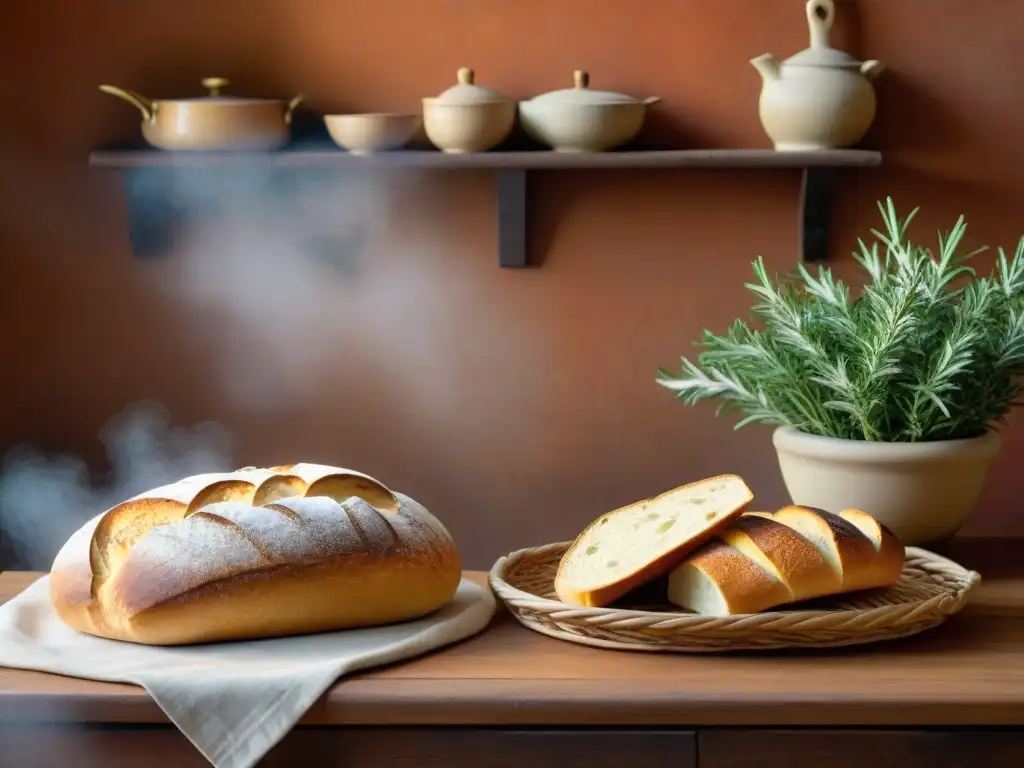 Degustación privada de panes italianos sabores en una mesa rústica de madera con cuchillo de pan y cesta de romero fresco