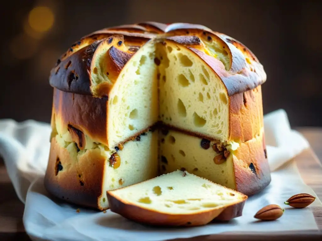 Un panettone italiano recién horneado, con su dorada corteza, frutas y nueces, y su historia del pan italiano tradicional