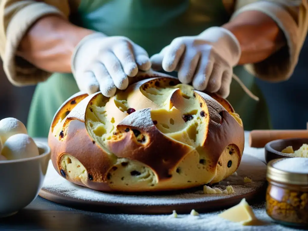 Transformación del Panettone Italia: Manos expertas amasan la masa, evocando la tradición y destreza artesanal italiana