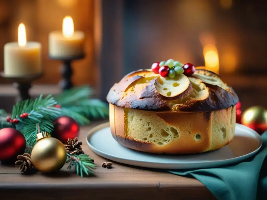 Un panettone navideño ligero recién horneado sobre una mesa rústica decorada con adornos festivos, creando una atmósfera acogedora de Navidad