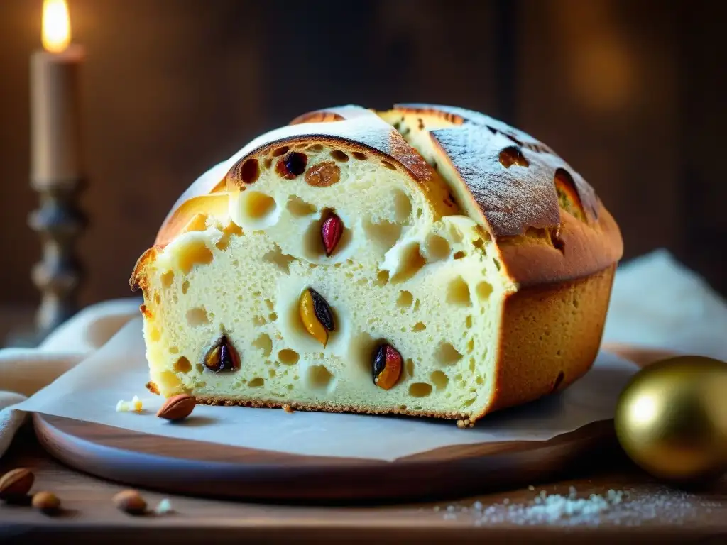 Un panettone recién horneado con frutas confitadas y almendras, sobre tabla de madera