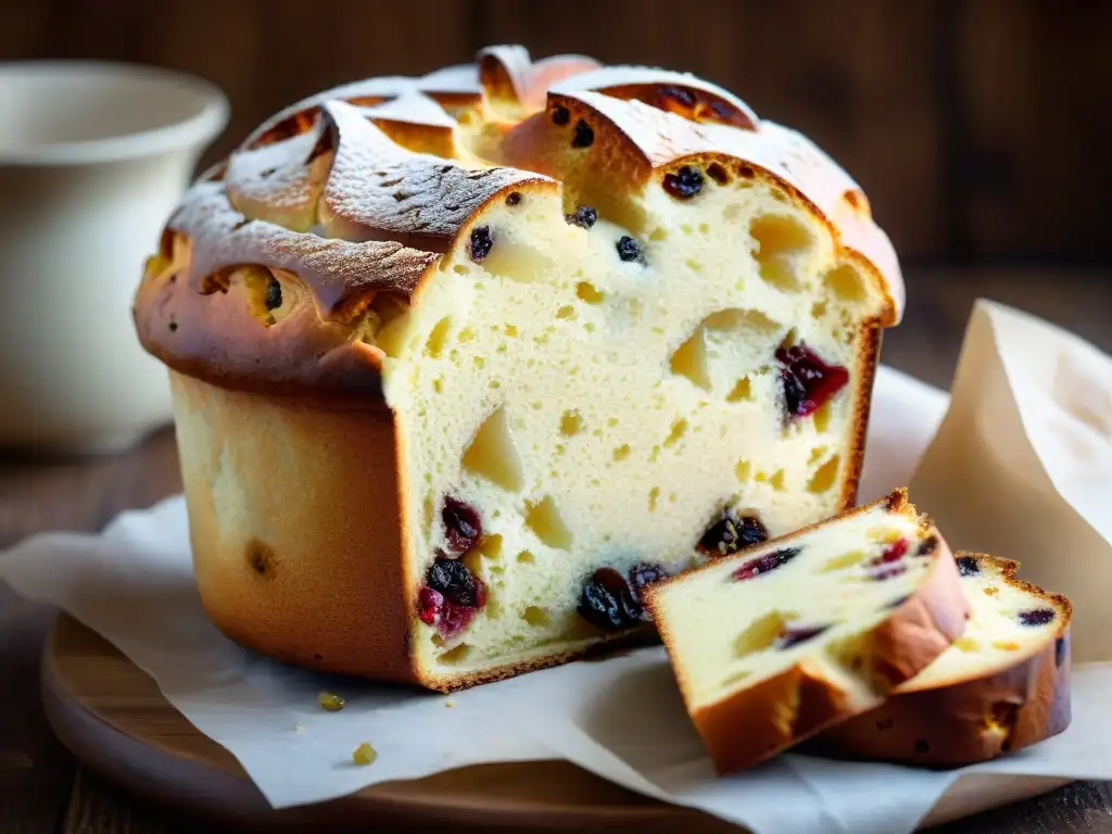 Un Panettone recién horneado con frutas confitadas y pasas, cubierto con azúcar glas