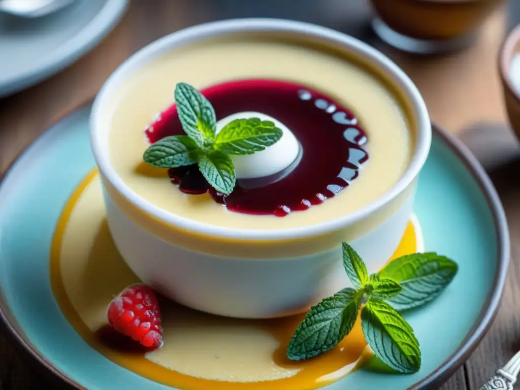 Pannacotta casero receta tradicional: Delicada pannacotta cremosa desmoldándose con coulis de bayas en ramekin decorativo