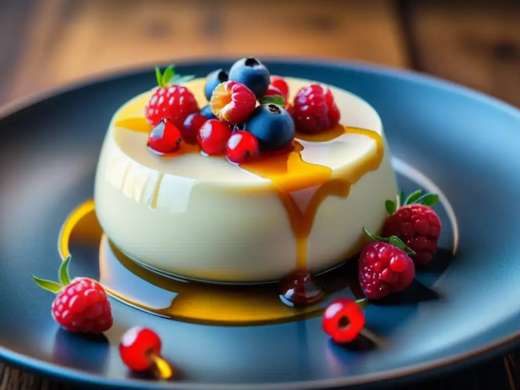 Pannacotta casero receta tradicional: Deliciosa Pannacotta con bayas frescas y miel en una mesa rústica