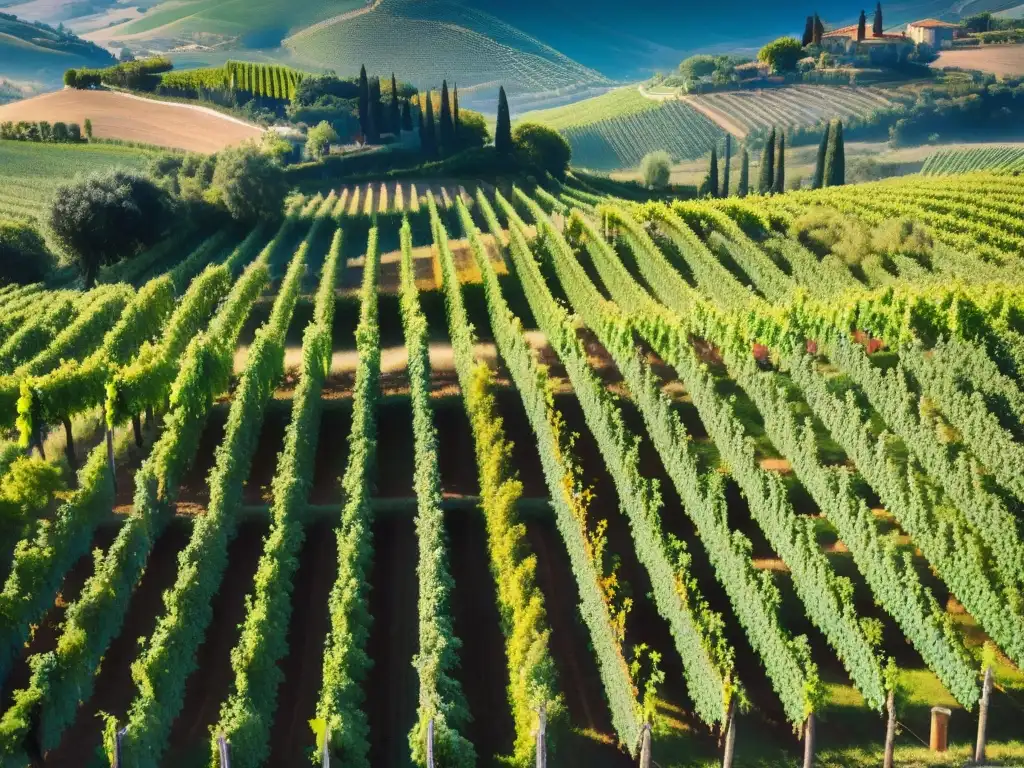 Un panorama impresionante de viñedos en Toscana bañados por el sol, con una bodega rústica y trabajadores en trajes tradicionales