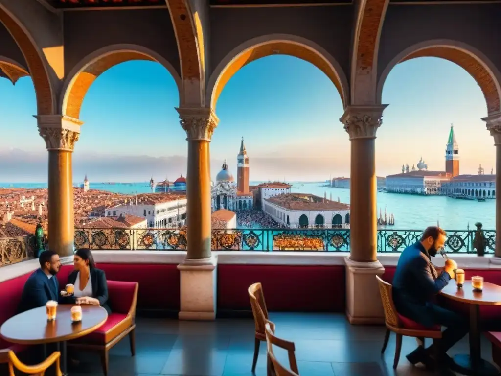 Panorámica impresionante desde Caffè Florian en Venecia, con la Plaza de San Marcos abajo y el Campanile di San Marco al fondo