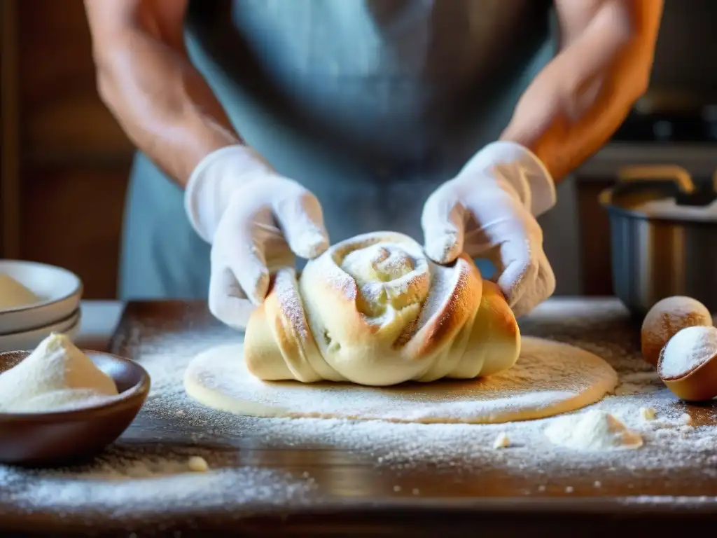 Un par de manos expertas amasan una masa para cannoli siciliano en una cocina rústica