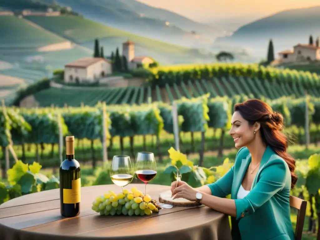 Una pareja disfruta de una cata de vinos en un viñedo italiano al atardecer, rodeados de naturaleza y romance