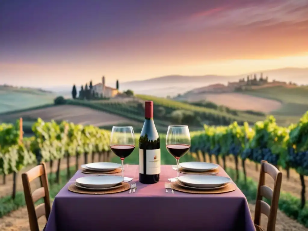 Una pareja disfruta de una cena romántica en un viñedo al atardecer en la Toscana, Italia