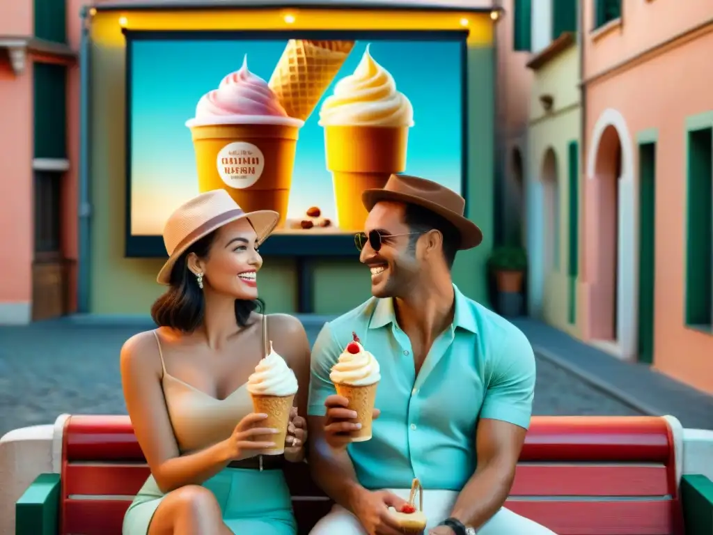 Una pareja disfruta de gelato italiano y cine en un encantador cine al aire libre en Italia, rodeados de luces y carteles vintage