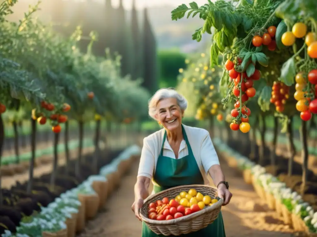 Una pareja italiana de ancianos cosechando tomates bajo el sol mediterráneo, rodeados de naturaleza