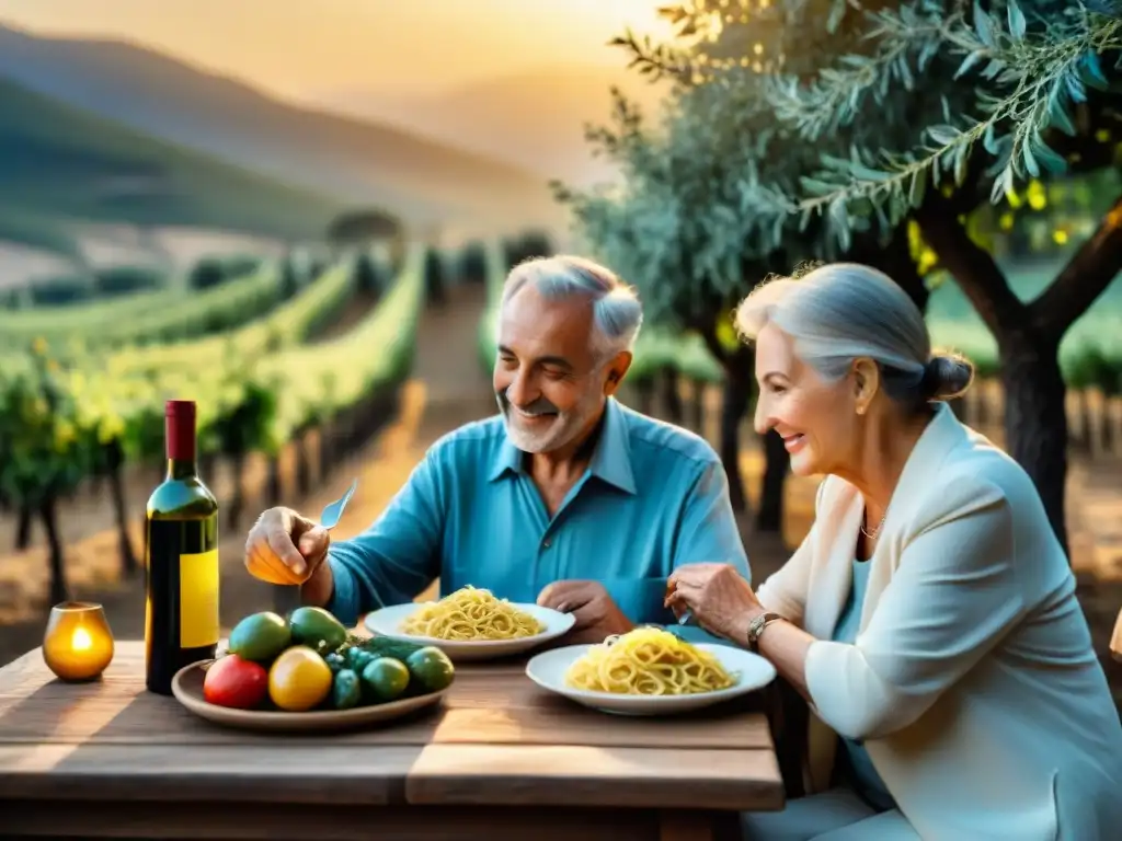 Una pareja italiana mayor comparte una comida tradicional mediterránea al aire libre, rodeados de viñedos y olivos al atardecer