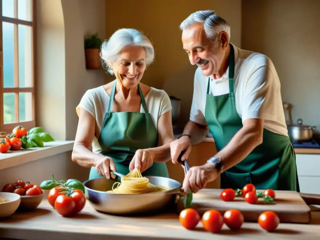 Una pareja italiana de edad avanzada disfruta cocinando juntos en una cocina rústica, mostrando la longevidad con cocina italiana