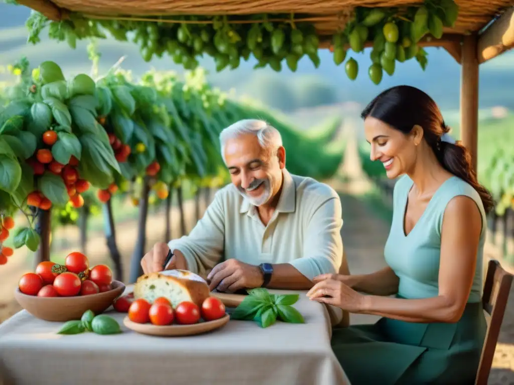 Una pareja italiana mayor disfruta de una comida bajo la parra, rodeados de tomates, albahaca y aceite de oliva