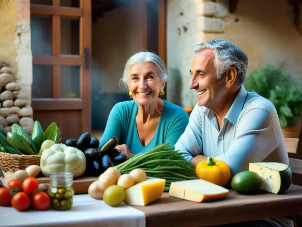 Una pareja italiana mayor disfruta de la vida y la dieta italiana con fermentados en el campo