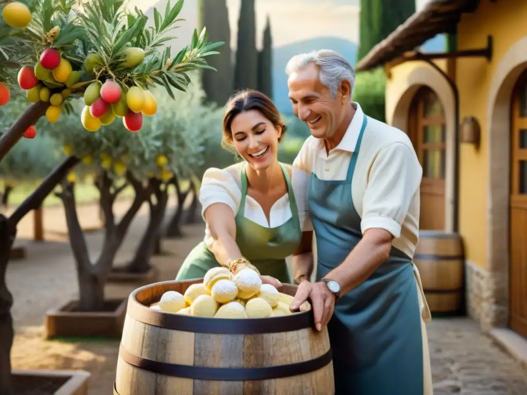 Una pareja italiana mayor elaborando gelato artesanal en la campiña